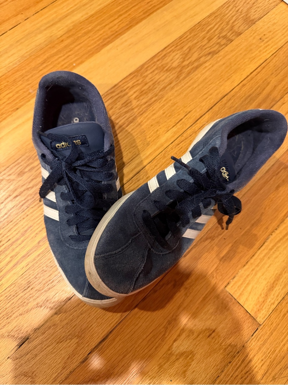 Adidas Womens Size 8 Navy Suede Sneakers with White Stripes